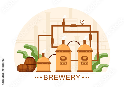Brewery Production Process with Beer Tank and Bottle Full of Alcohol Drink for Fermentation in Flat Cartoon Hand Drawn Templates Illustration