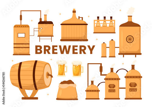 Brewery Production Process with Beer Tank and Bottle Full of Alcohol Drink for Fermentation in Flat Cartoon Hand Drawn Templates Illustration