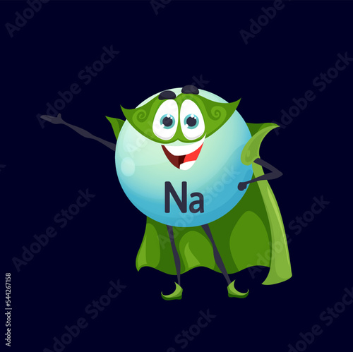 Cartoon sodium or natrium superhero micronutrient character. Comic vector Na supplement super hero personage in green cloak and mask. Healthy food bubble, isolated brave vtamin, fairy tale nutrient