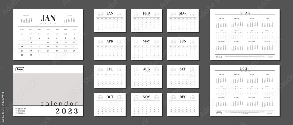 Calendar Layout Design for 2023-2024 and cover with Place for Photo, Company Logo in minimal business style. Vector template of a wall or table simple calendar with week start monday for print. Calendar Layout Design for 2023-2024 and cover with Place for Photo, Company Logo in minimal business style. Vector template of a wall or table simple calendar with week start monday for print.