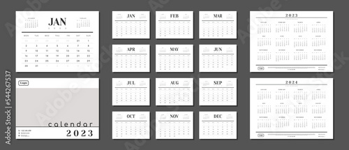 Calendar Layout Design for 2023-2024 and cover with Place for Photo, Company Logo in minimal business style. Vector template of a wall or table simple calendar with week start monday for print.