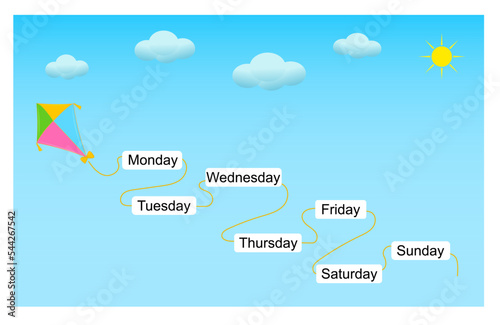 Educational material for kids. Cartoon kite design with Days Of The Week Cards. Vector illustration