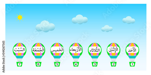 Educational material for kids. Days of the week in arabic language. Cartoon hot air balloon design with Days of the week cards. Vector illustration.