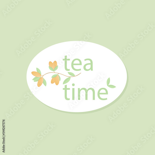 Logo design for natural product. On this vector illustration seen text ''teatime'' with a branch of sea buckthorn.