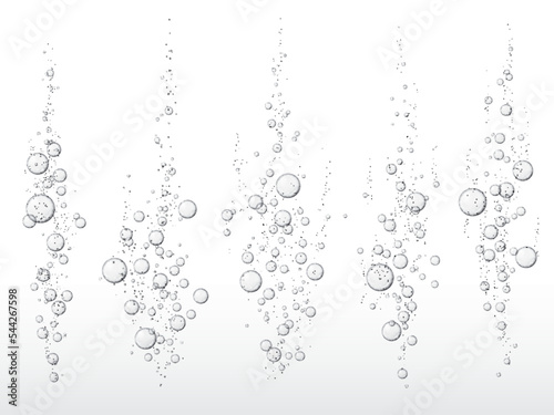 Fizz, underwater bubbles. Underwater diving oxygen realistic sparkles, soluble, carbonated beverage or effervescent drink gas 3d vector fizz. Aquarium air bubbles white background