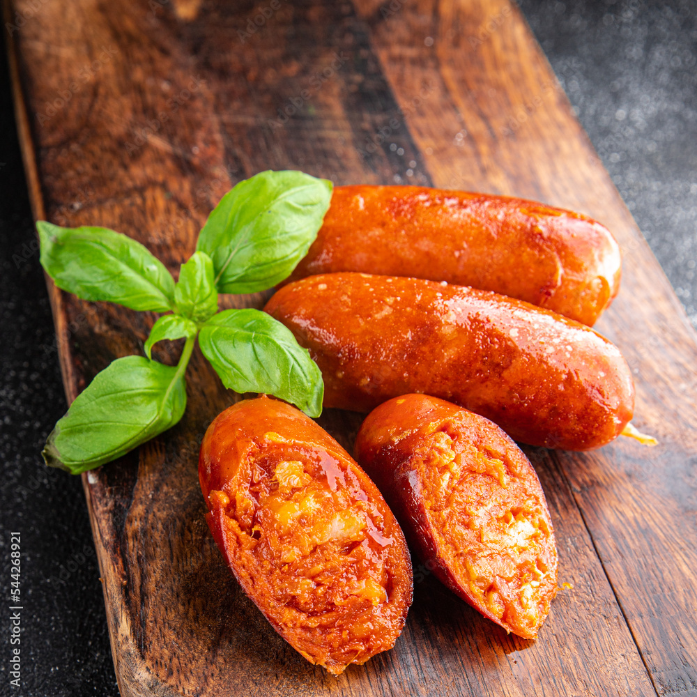 chorizo sausage spicy meat snack meal food snack on the table copy space food background top vew chorizo sausage spicy meat snack meal food snack on the table copy space food background top vew