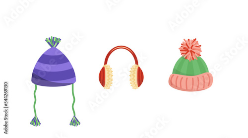 Winter hats and earmuff. Set of head wears. Warm headphones. Flat, cartoon, vector