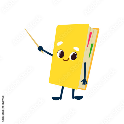 Cartoon textbook character with pointer. Isolated vector teacher or tutor book explain lesson, important information or presentation. Cute yellow notebook or diary, happy kids educational personage