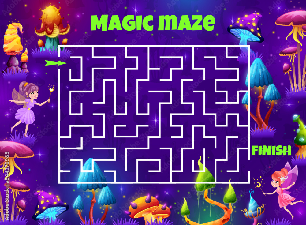 A Pixie Riddle Labyrinth maze game. Magic mushrooms in fairy forest. Preschool kids ...