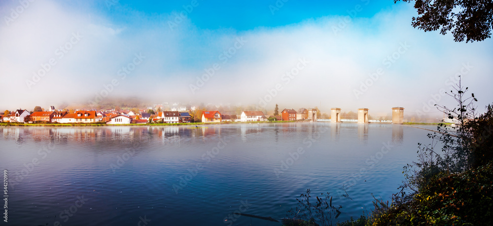 Weir on the River Nahe in Niederhausen, Water reservoir, impoundment on the River Nahe in  Niederhausen, district of Bad Kreuznach in Rhineland-Palatinate