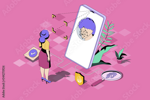 Biometric control web concept in 3d isometric design. Woman uses secure access with face recognition and fingerprint scan authentication methods. Web illustration with people isometry scene