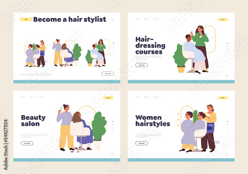 Hairdressing courses and hairstylist occupation concept of landing pages with hairdressers at work
