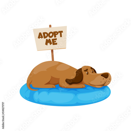 Adopt a dog, cute puppy lying on bedding with banner adopt me. Isolated vector cartoon canine character in shelter for homeless animals. Stray pets adoption, helping charity, finding owners for dogs