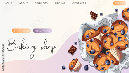 Muffins with berries, chocolates. Baking, bakery shop, cooking, sweet products, dessert, pastry concept. Vector illustration for poster, banner, website, advertising.