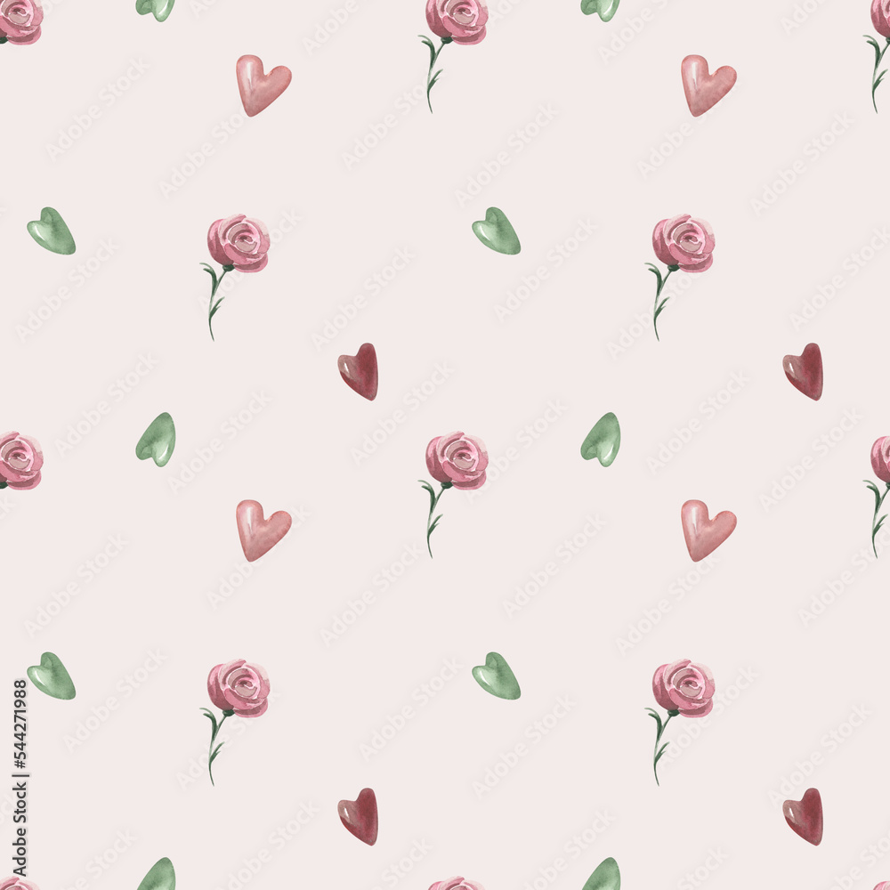 Tiny rose and hearts on pink background. Watercolor flowers for valentines day.