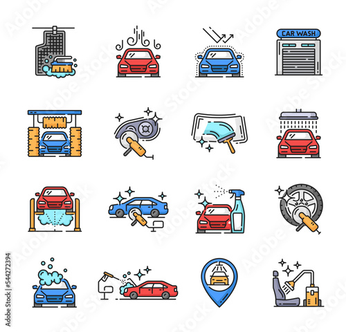 Car care icons, car wash and clean service, auto workshop vector symbols. Car care line icons, vehicle chair upholstery and windshield cleaning service, automotive washer station and tire detailing