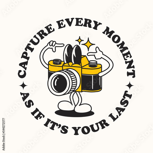 Hand drawn funny flat trendy cartoon mascot of analog camera, photography logo vector