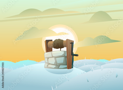 Stone well with wooden crossbar and rope for bucket. On snow in winter landscape with snowdrifts and frost. Rural water source. Cartoon fun style. Flat design. Vector.