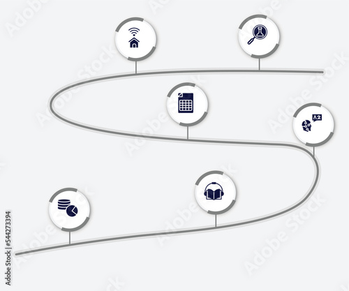 infographic element with online learning filled icons. included science research, smarthome, spreedsheet, translation, database usage, audiobook vector.