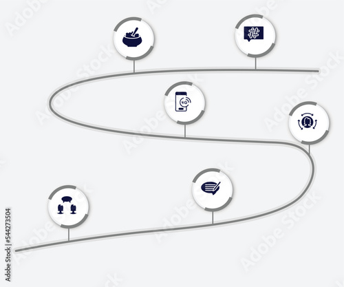 infographic element with speeches filled icons. included hash, porridge, 4g technology, remarketing, confirmity, editing vector.