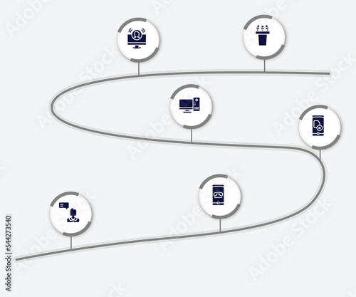 infographic element with mobile functions filled icons. included press conference, teleconference, desktop computer, no, testimonial, hang vector.