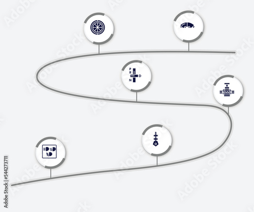 infographic element with car parts filled icons. included car brake pad, car spare wheel, transmission, jack, dashboard, dipstick vector.