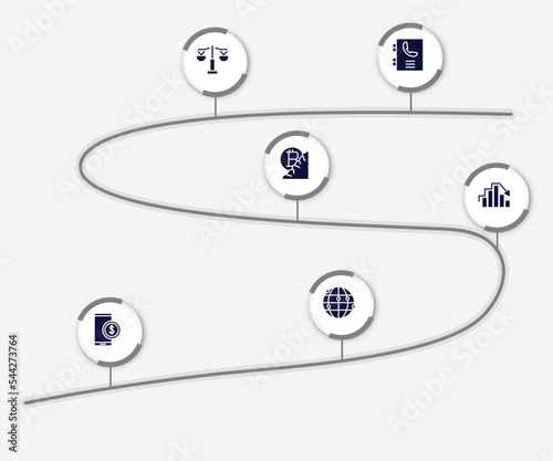 infographic element with bitcoin filled icons. included phonebook, equality, bitcoin mine, peak, stock price, network vector.