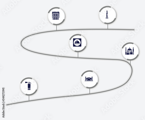 infographic element with linear monuments filled icons. included walled obelisk, white tower of thessaloniki, restaurant app, blue mosque, extinguishing, stari most vector.