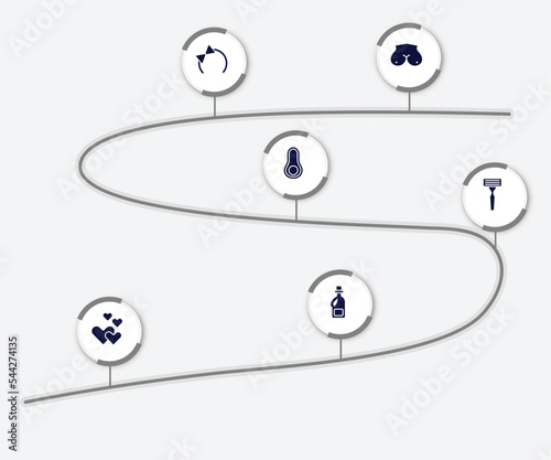 infographic element with hairdressing filled icons. included breast, hair tie, avocado, shaving razor, romantic, softener vector.