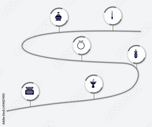 infographic element with spa elements filled icons. included lima, fragance, diamond ring, remover, hair cream, washbowl vector.
