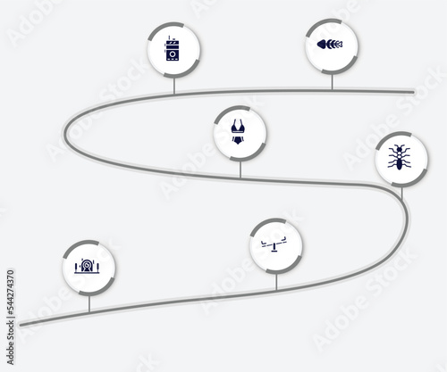 infographic element with city park filled icons. included fishbone, walkie talkie, bikini, tree lobster, underwater photography, seesaw vector.