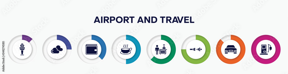 infographic element with airport and travel filled icons. included airport control tower, two clouds with different size, elegant wallet, cup of hot coffee, customs control, fasten your seatbelts, infographic element with airport and travel filled icons. included airport control tower, two clouds with different size, elegant wallet, cup of hot coffee, customs control, fasten your seatbelts,