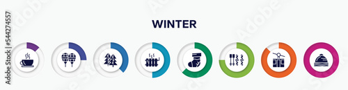 infographic element with winter filled icons. included hot tea, snowshoes, fir, heater, christmas sock, ski equiptment, ski lift, winter cap vector.