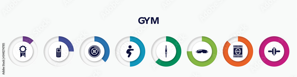 infographic element with gym filled icons. included first place, variometer, weight plates, squats, fitness watch, goggle, blue card, electric unicycle vector.