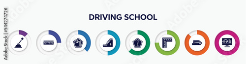 infographic element with driving school filled icons. included gearshift, license plate, left turn, or down, precaution, broken line, ferry boat, computer test vector.