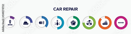 infographic element with car repair filled icons. included ticket collector, ferry, fog lamp, helicopter bottom view, right, ship propeller, cruise ship, damper vector.