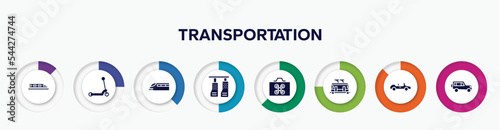 infographic element with transportation filled icons. included hyperloop, kick, monorail, car pedals, drone case, trolley car, convertible, 4x4 vector.