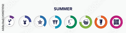 infographic element with summer filled icons. included refreshing cold drink, swimsuit, sea star, diving fins, fish and hook, sangria, sunscreen, life guard vector.