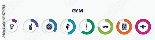 infographic element with gym filled icons. included first place, variometer, weight plates, squats, fitness watch, goggle, blue card, electric unicycle vector.