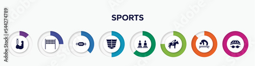 infographic element with sports filled icons. included steroids, volleyball net, swiss bar, abs, munition, horse riding, gymnastics, swimming hat vector.
