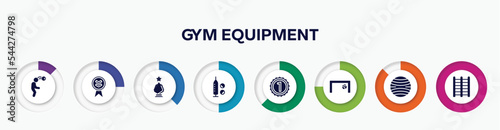 infographic element with gym equipment filled icons. included head hitting, down indicator, glass award, doping, number one, football goal, yoga ball, trellis vector.