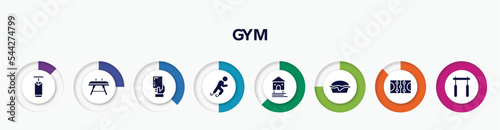 infographic element with gym filled icons. included boxing bag, vaulting horse, yellow card, paralympics, stilt house, pies, ice court, horizontal bar vector.