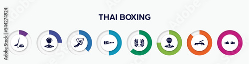 infographic element with thai boxing filled icons. included puck, waterpolo player, hang glider, dive light, laurel wreath, judoka, fitness step, punching vector.