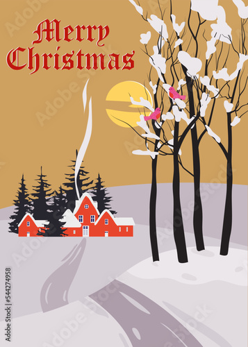 Merry Christmas. Winter village rural winter snow landscape, retro