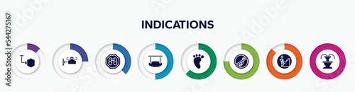 infographic element with indications filled icons. included shield, decorative, site seeing place, hanging, four toe footprint, no diving, walking up stair, fountain vector.