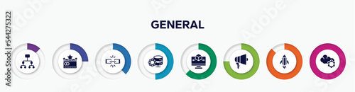 infographic element with general filled icons. included information architecture, credit rating, chain, data science, 3d modeling, agitation, creative pencil rocket, cloud service vector.