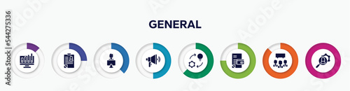 infographic element with general filled icons. included ar graph, hr policies, coworking, advertising agency, implementation, credit history, group opinion, hr services vector.