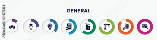 infographic element with general filled icons. included ar platform, collaborative idea, fintech innovation, agent script, engine oil, construction crane, annual fee, credit score vector.