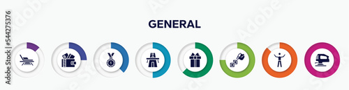infographic element with general filled icons. included deckchair, card wallet, number one medal, bridge on avenue perspective, gift box with ribbon, live paint, man with open arms, fretsaw vector.