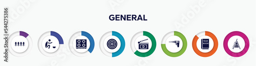 infographic element with general filled icons. included wooden fence, poor, hob, insurance with a button, fragments, perforator, yearbook, stepladder vector.